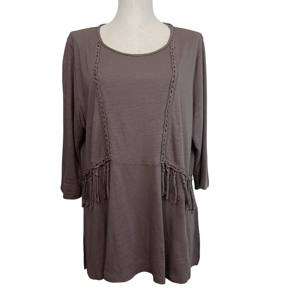 Wrap‎ London Linen Viscose Fringe Braided Tunic Top Taupe Brown Womens US 16